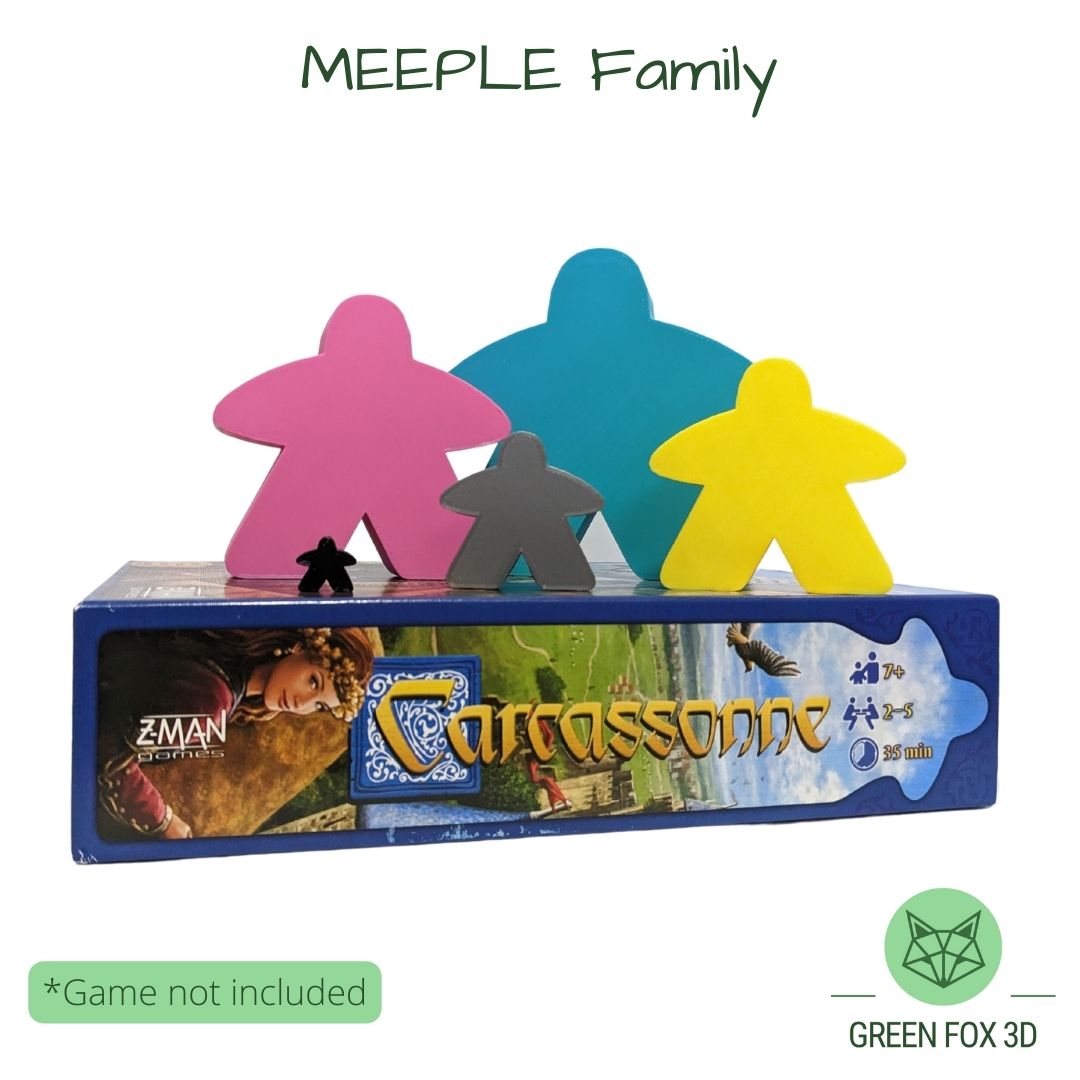 A family of meeples in various sizes and colours.