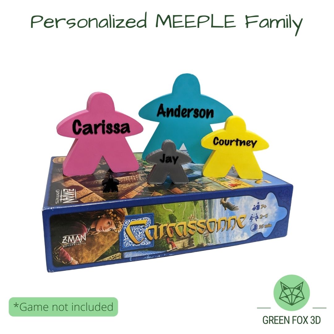 A family of personalized meeples in various sizes and colours.