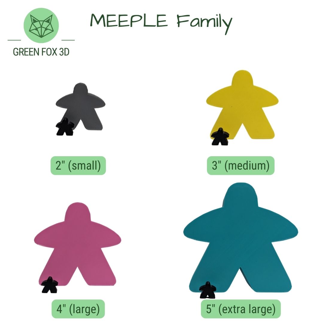 A comparison of various sized meeples against each other and a game token.